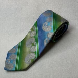TED BAKER London Mens 100% Silk 60”x3”  Necktie‎ Designer EUC Blue Green Paisley